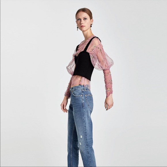 Zara printed floral sheer romantic love sleeve top - Picture 8 of 16